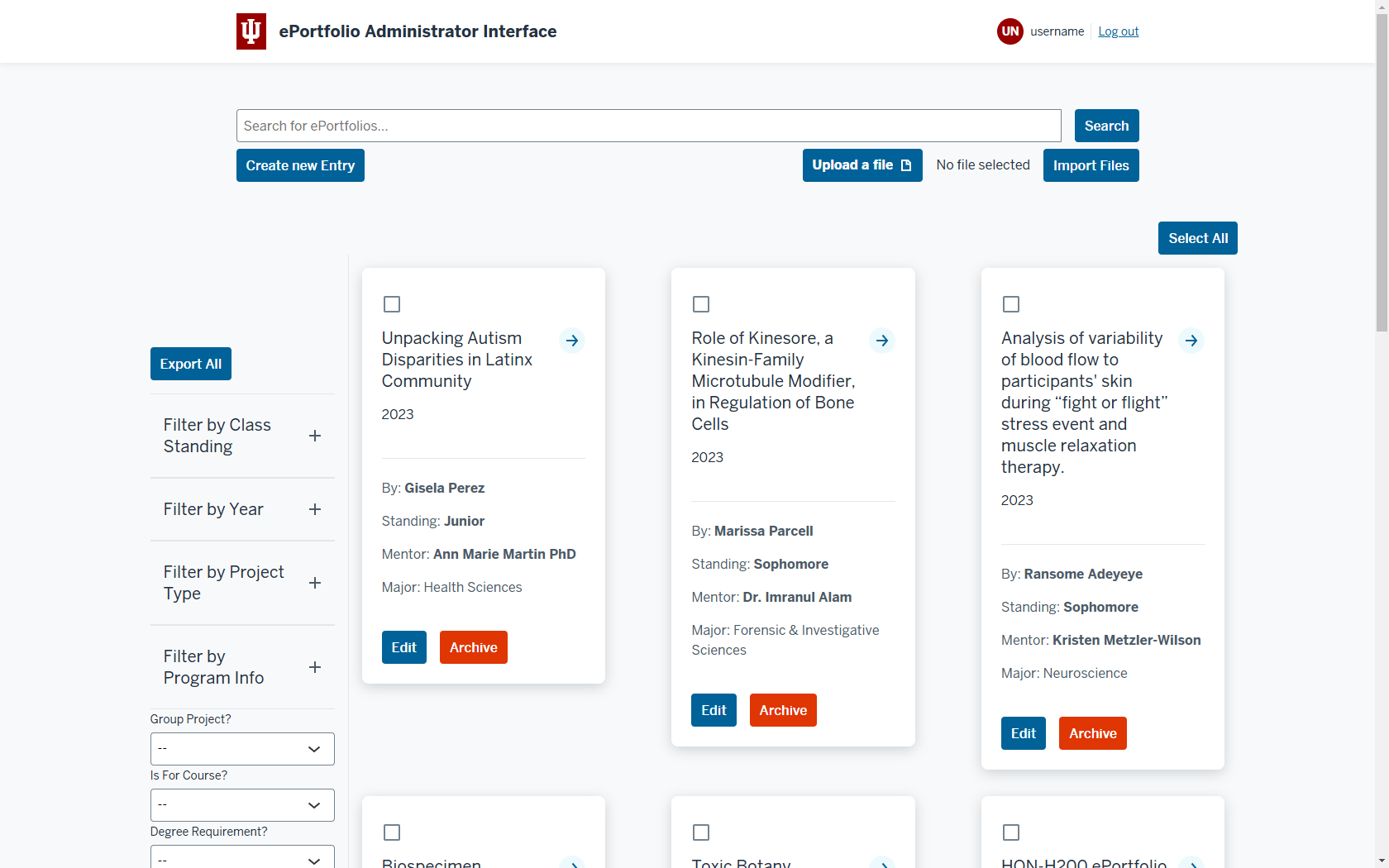 a screenshot of the Eportfolio Administrator Interface